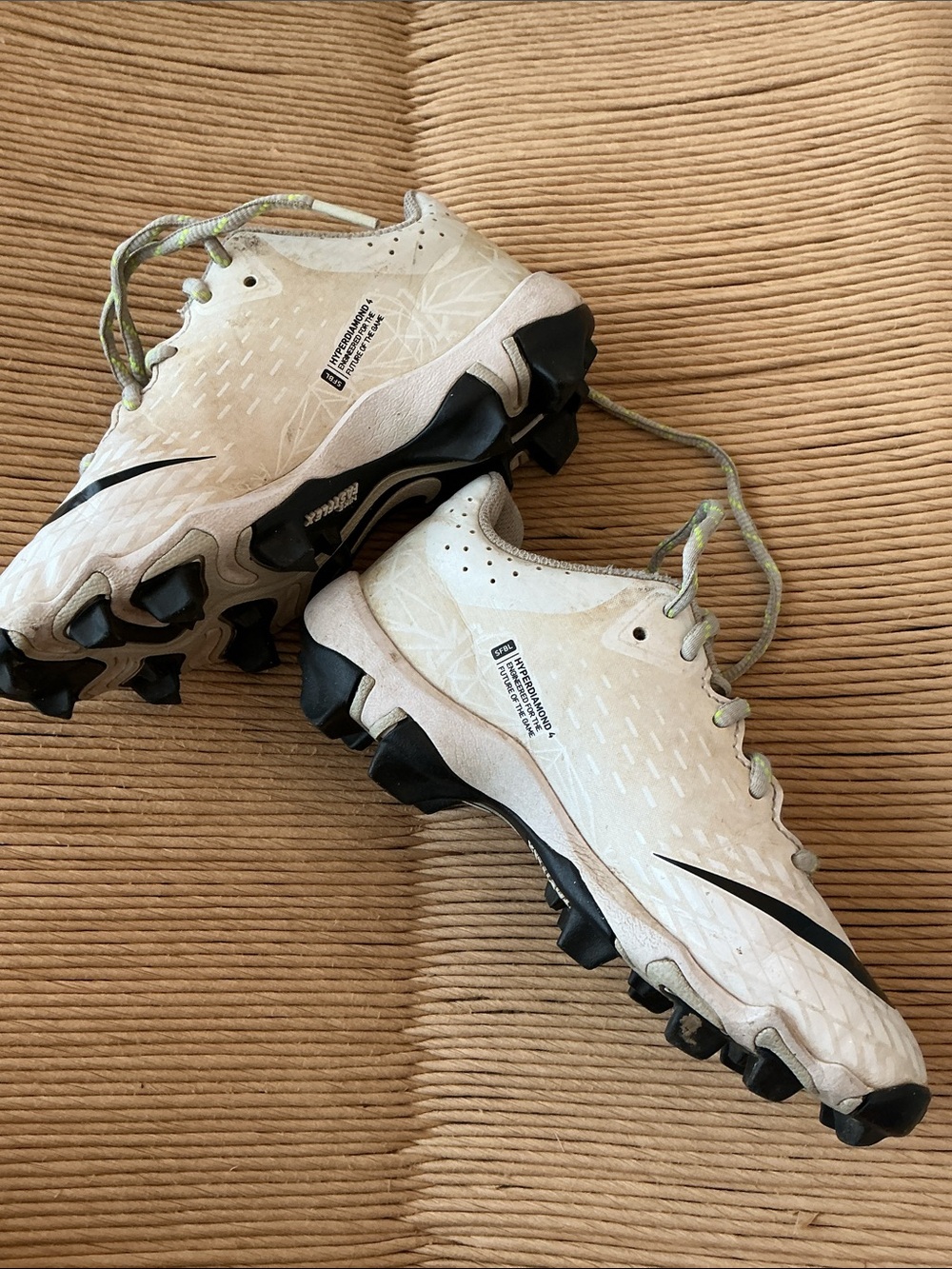 Nike Kids White and Black Athletic KLEATS with Neon-Accented Laces